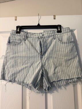 Striped Light Blue Denim Jean Shorts with Raw Hem